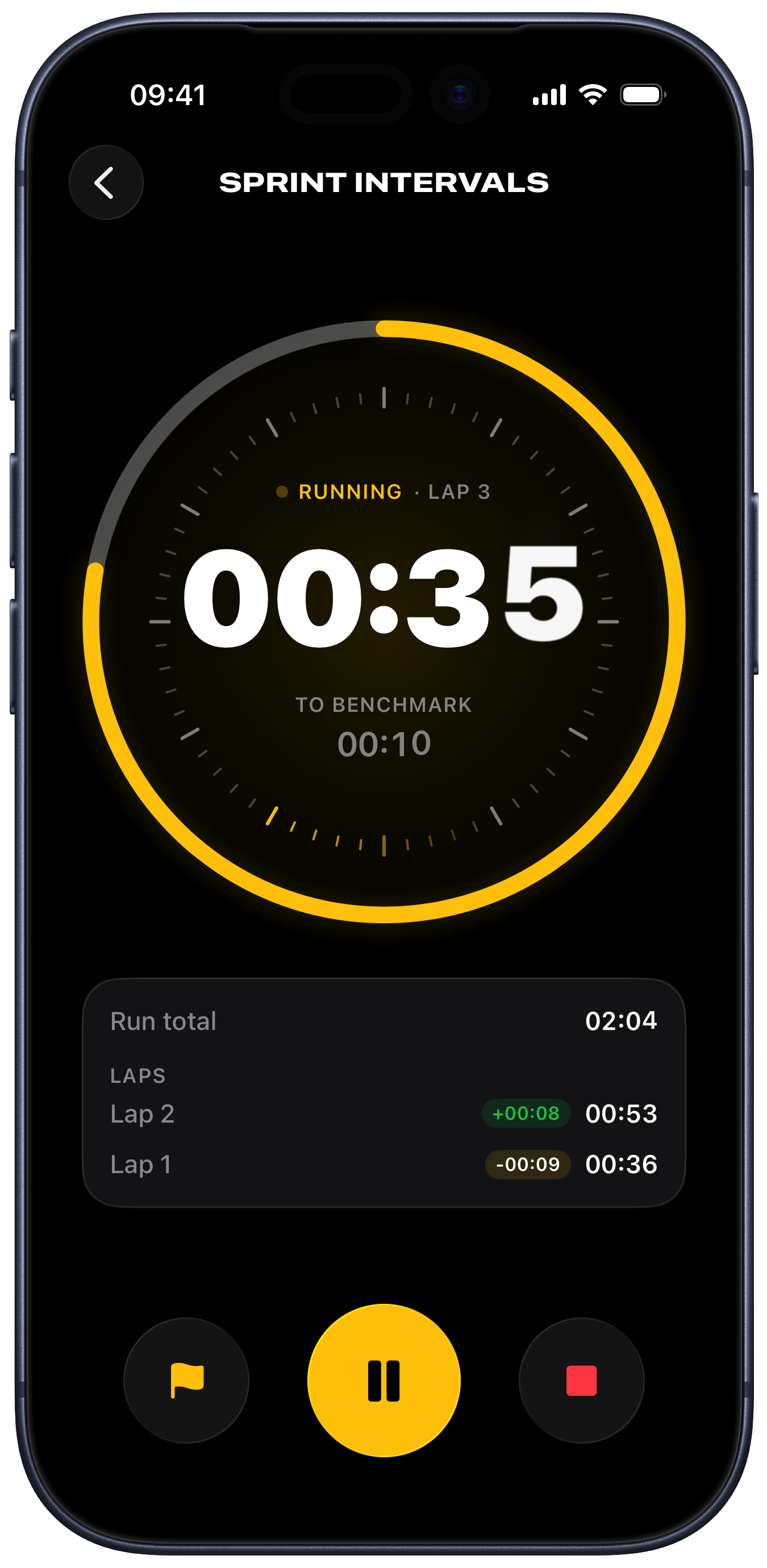 Active stopwatch for Sprint Intervals, showing the chronograph dial part way through lap 3, the time left to the benchmark, the run total, and captured laps with their differences.