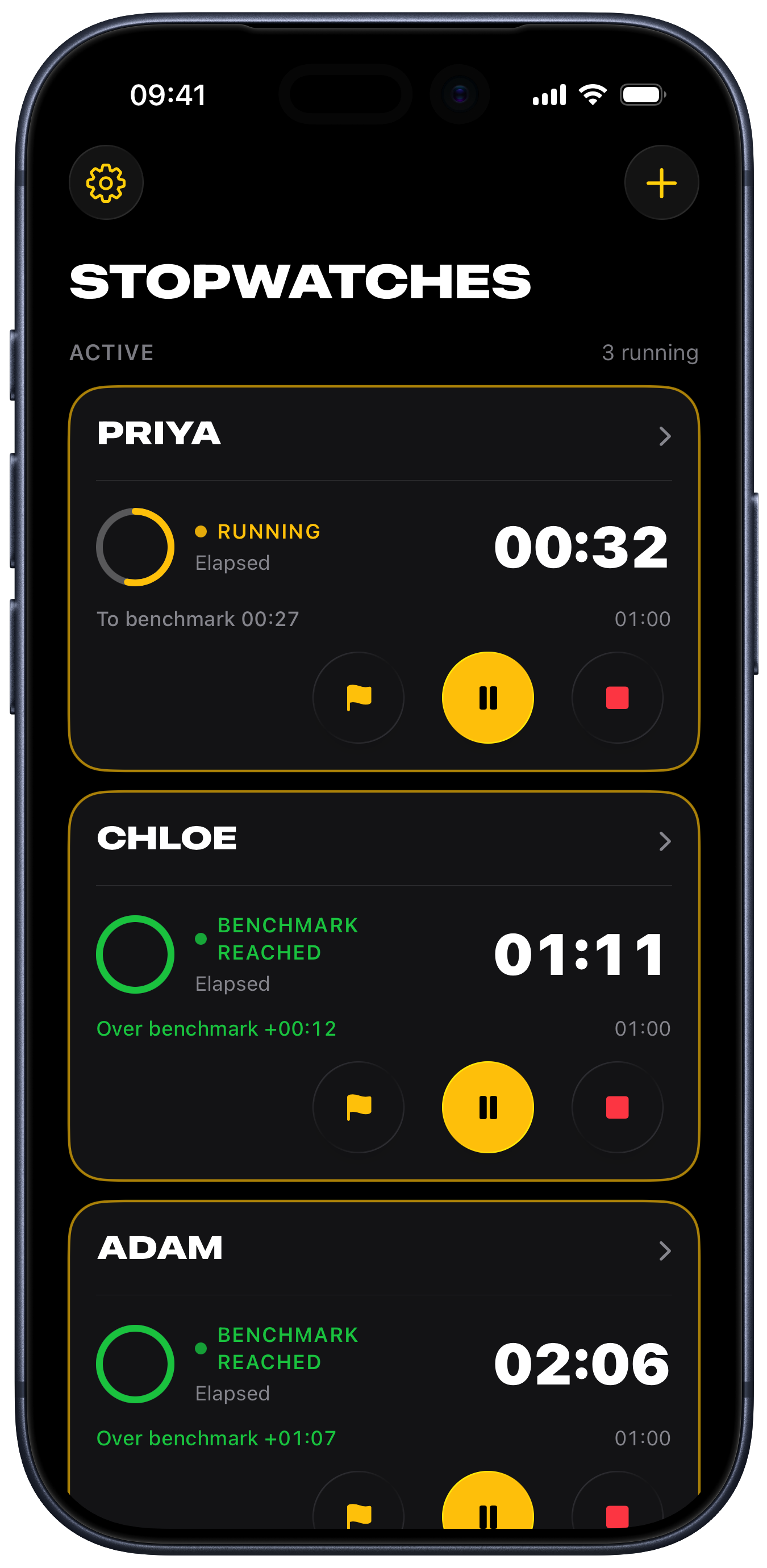 Advanced Stopwatch list with three stopwatches running at once, one per person: Priya still going with 27 seconds to her benchmark, and Chloe and Adam both past theirs, each with inline Lap, Pause, and Stop controls.