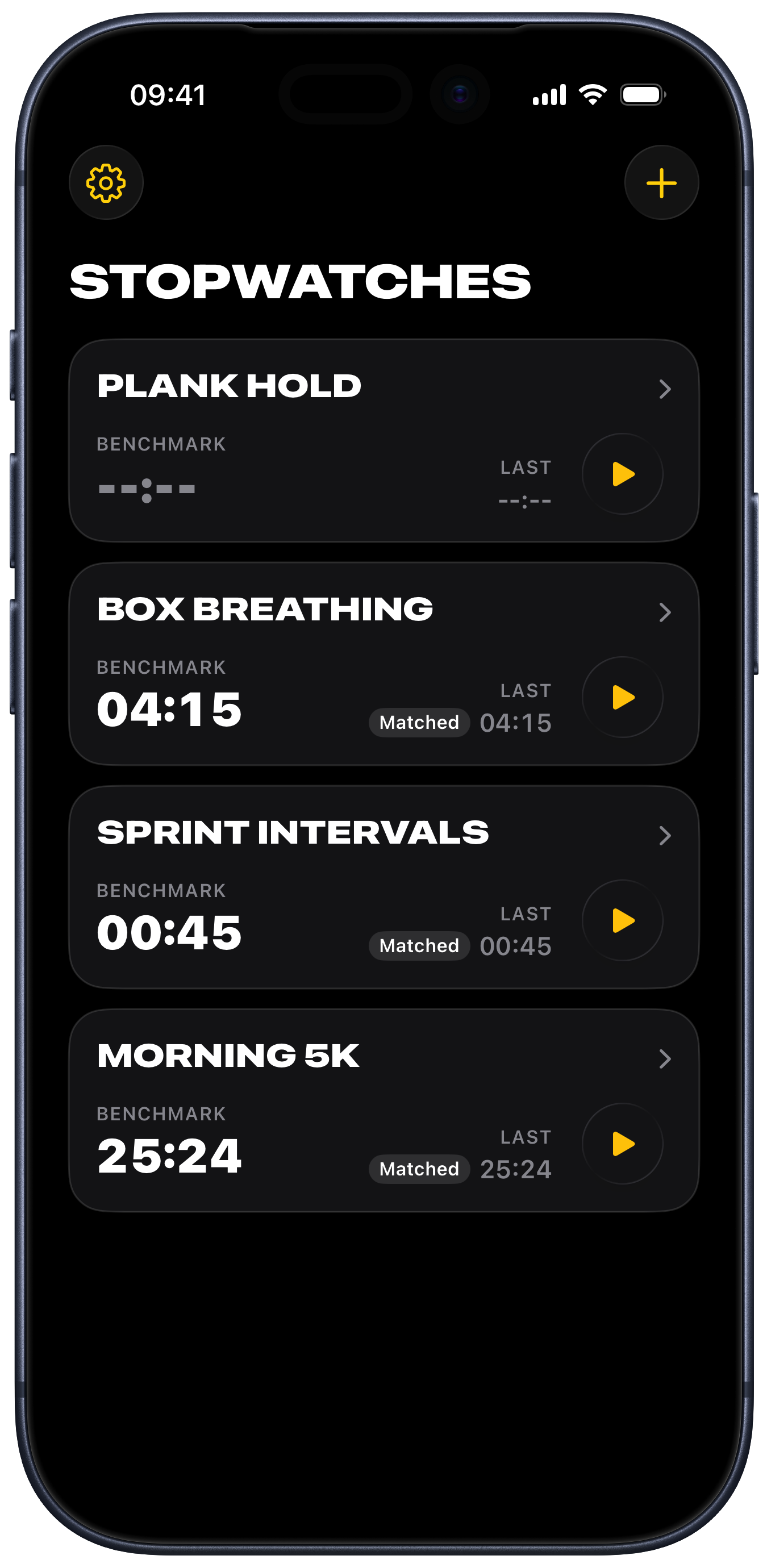 Advanced Stopwatch list of saved stopwatches, each showing its benchmark, last result, and a Start button.